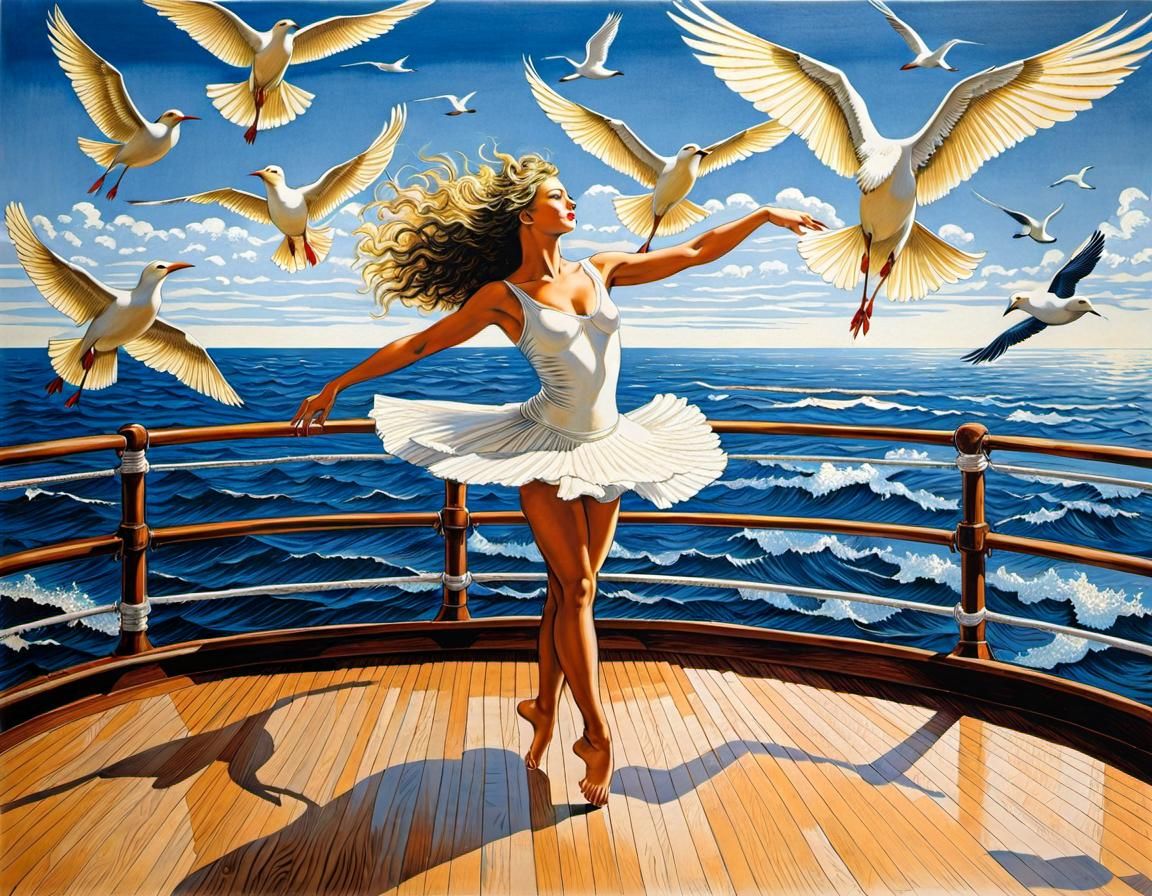 Majestic Dancer on Ship Deck in Lithography Style