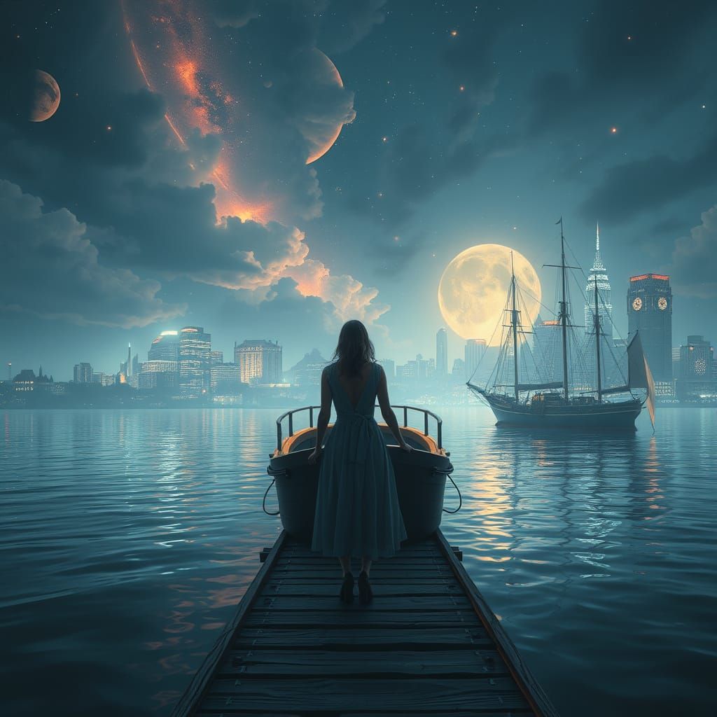 Woman Watches Boat Departure in Digital Matte Painting