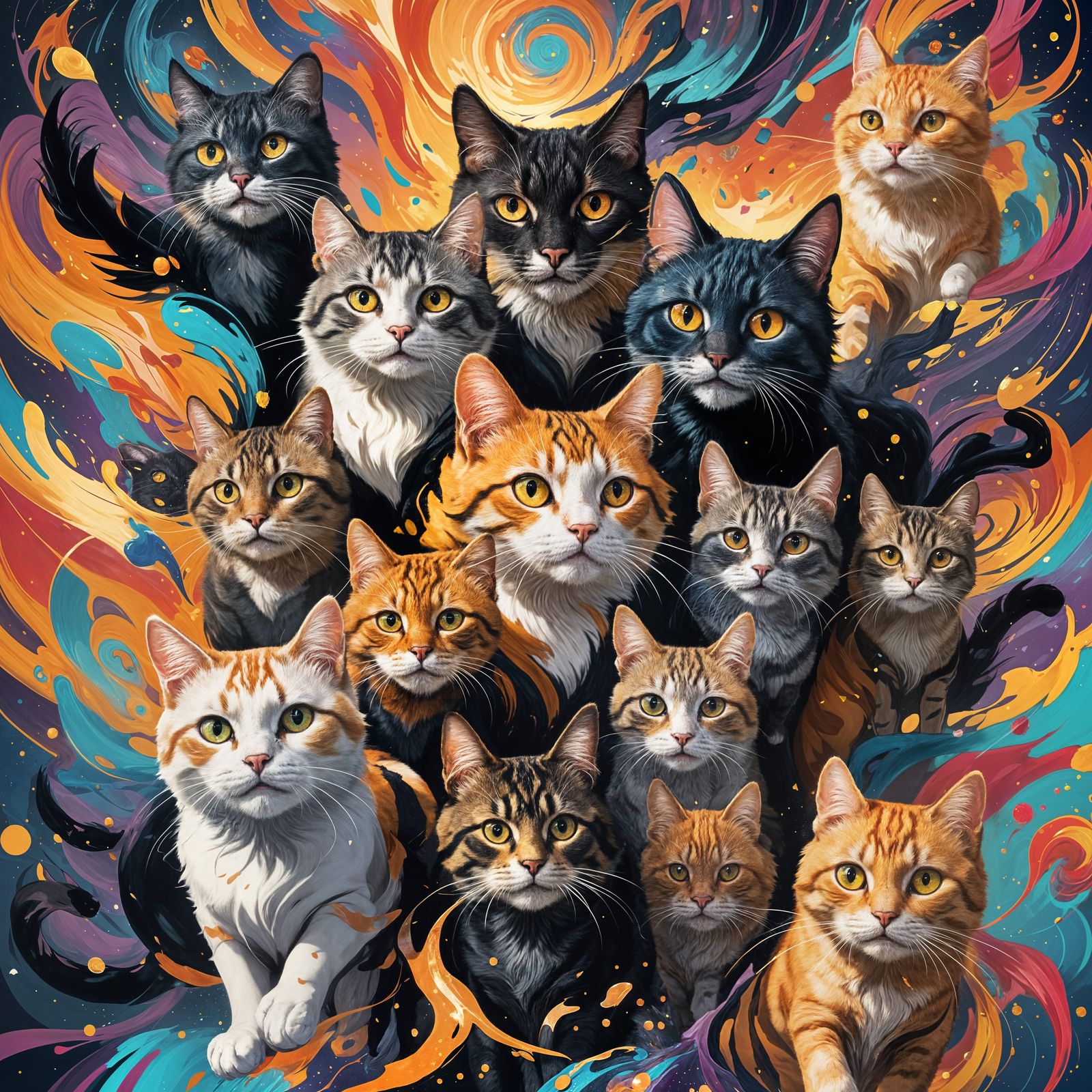 Cats Expressing Joy in Neo-Fauvistic Style