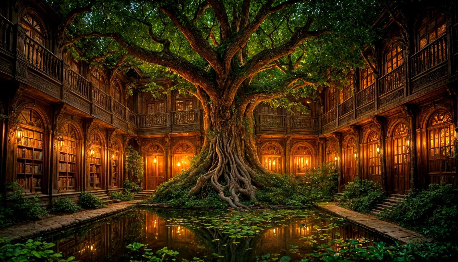 Enchanted Elven Library in Ancient Oak Tree