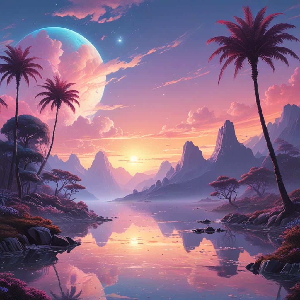 Mythic Misty Lake with Opalescent Sky