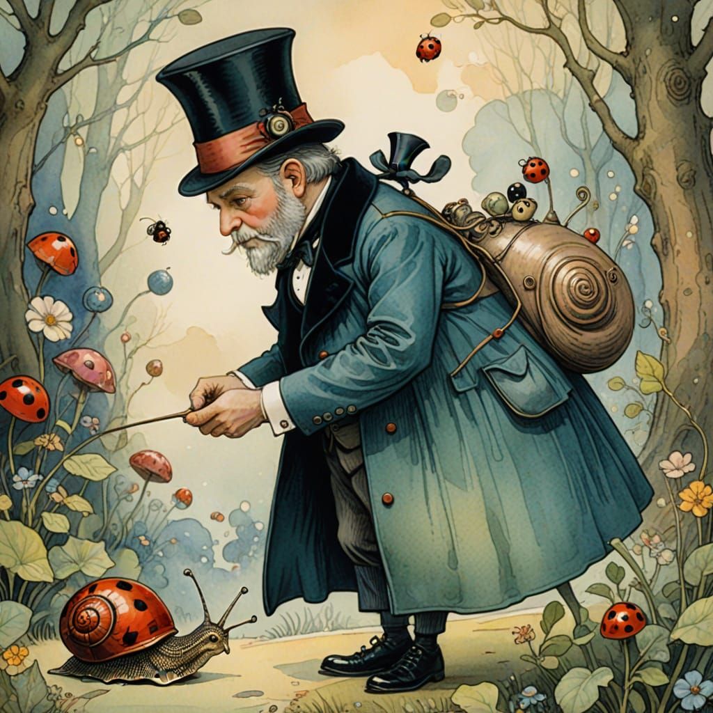 Whimsical Snail Inspects Ladybug: Watercolor Illustration