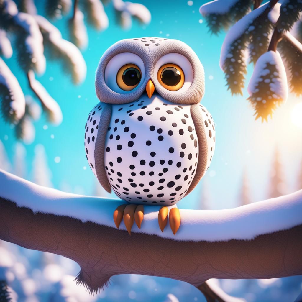 White Spotted Owl in Snowy Tree: 3D Digital Art