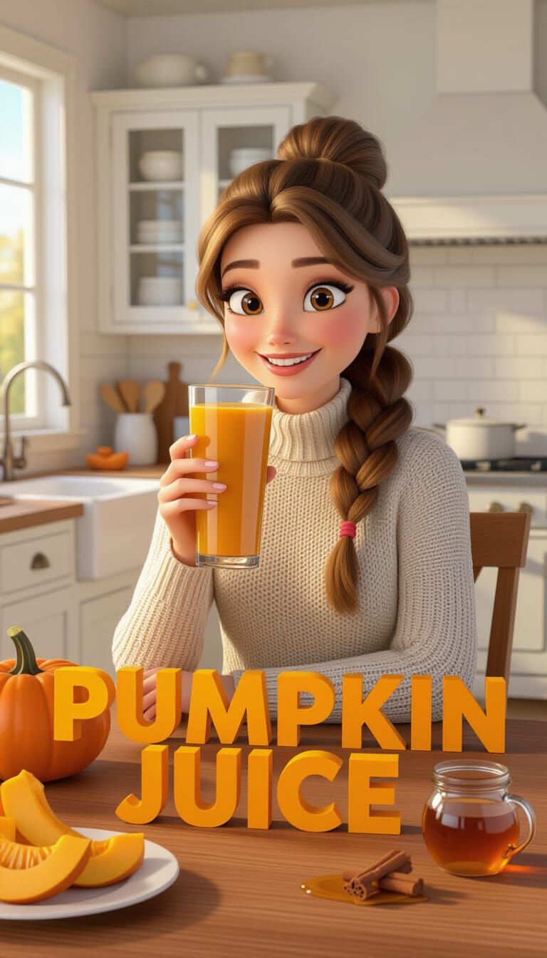 Cozy Autumn Kitchen Scene with Woman Enjoying Pumpkin Juice