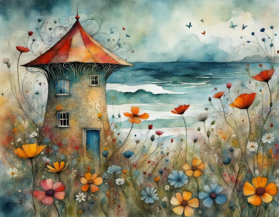 Seaside Wildflower Superbloom in Swedish Folk Art Style