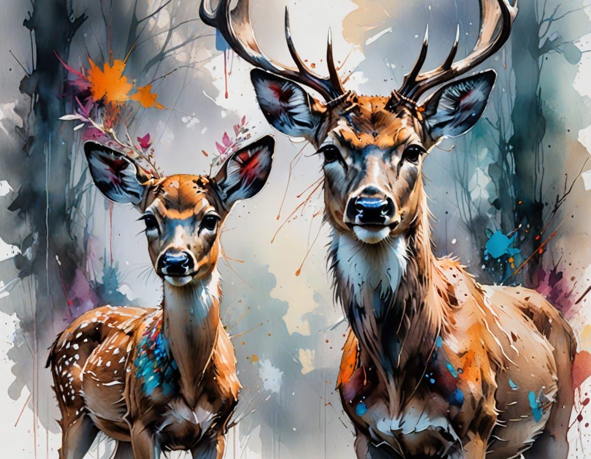 Deer and Fawn in Watercolor Splash Art Style