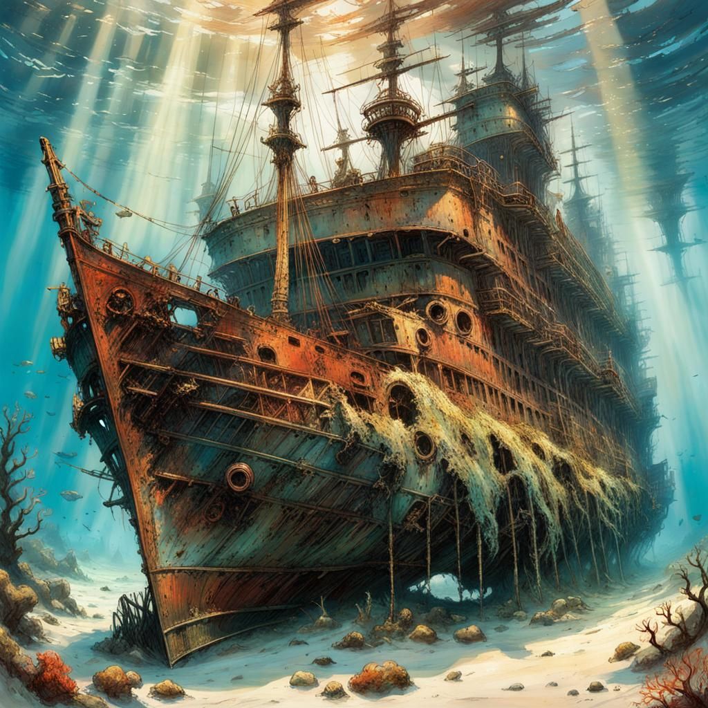 Sunken Shipwreck in Romantic Undersea Art