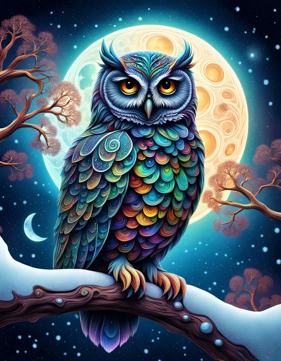 Fractal Owl on Snowy Branch Under Starry Skies