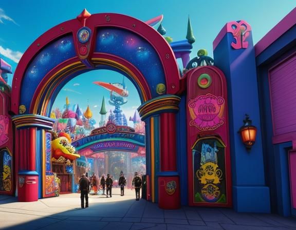 Whimsical Theme Park Entrance with Cartoon Characters