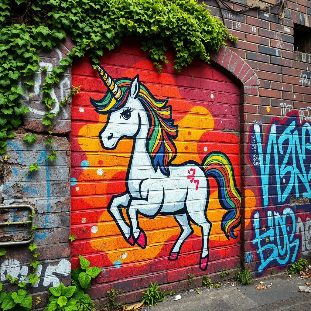 Whimsical Unicorn Mural on Graffiti Brick Wall
