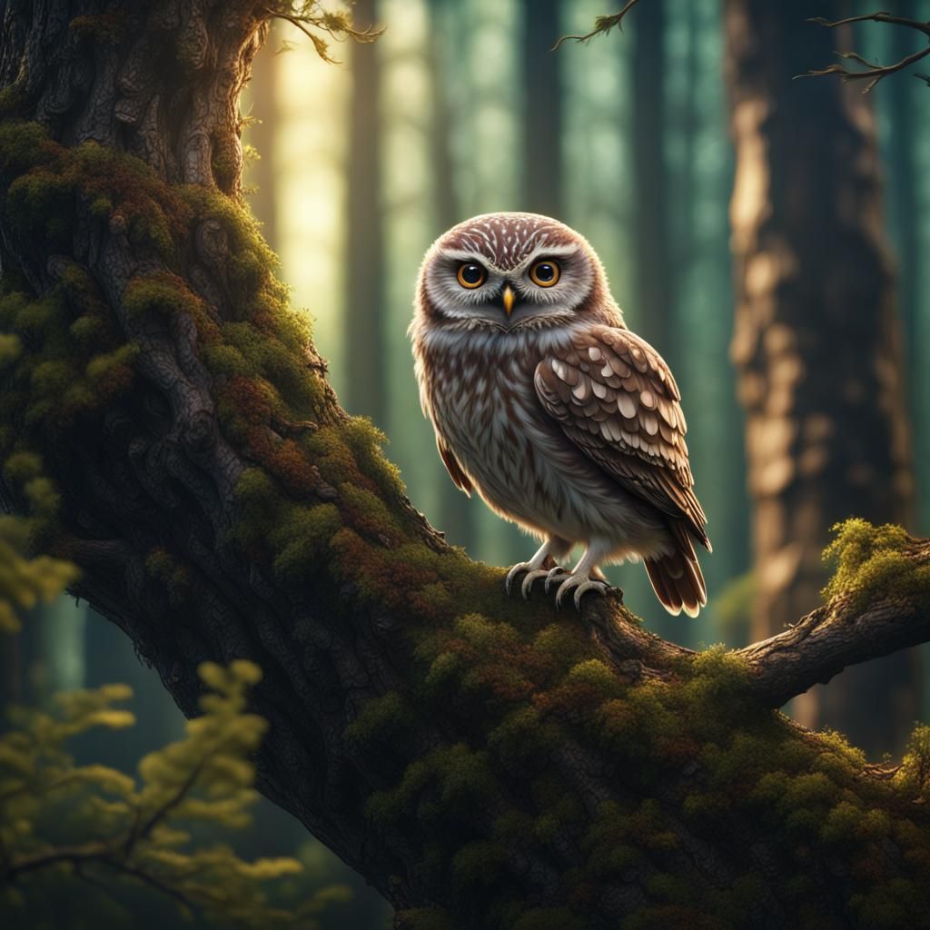 Little Owl in Forest: Detailed Matte Painting