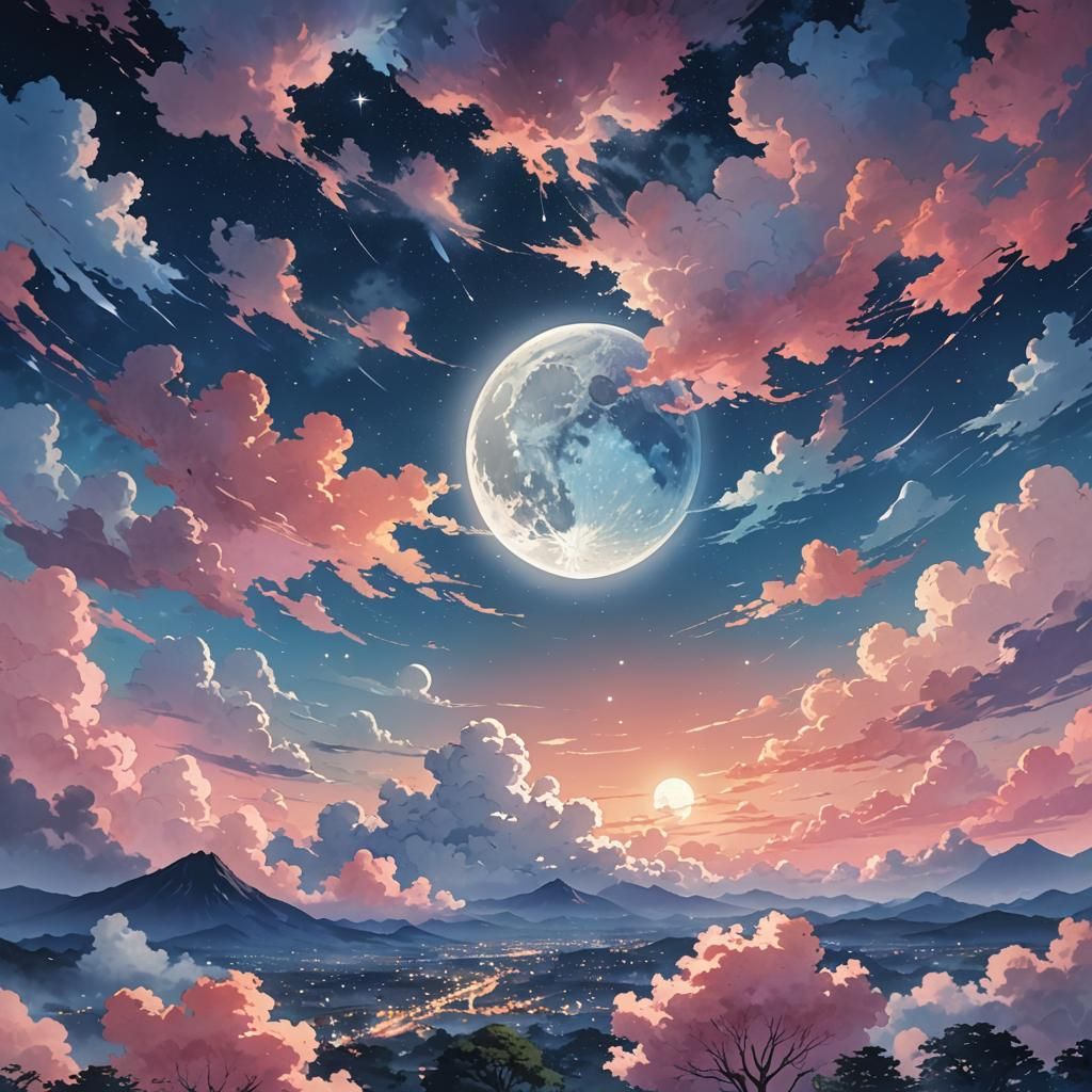 Anime Key Visual: Huge Moon in Dreamy Night Sky