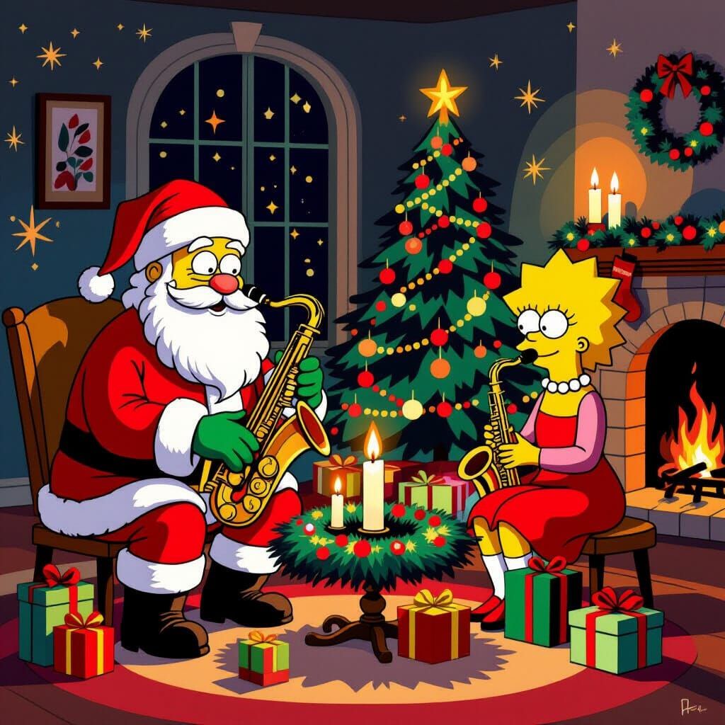 Homer as Santa, Family Christmas Scene in Abstract Style