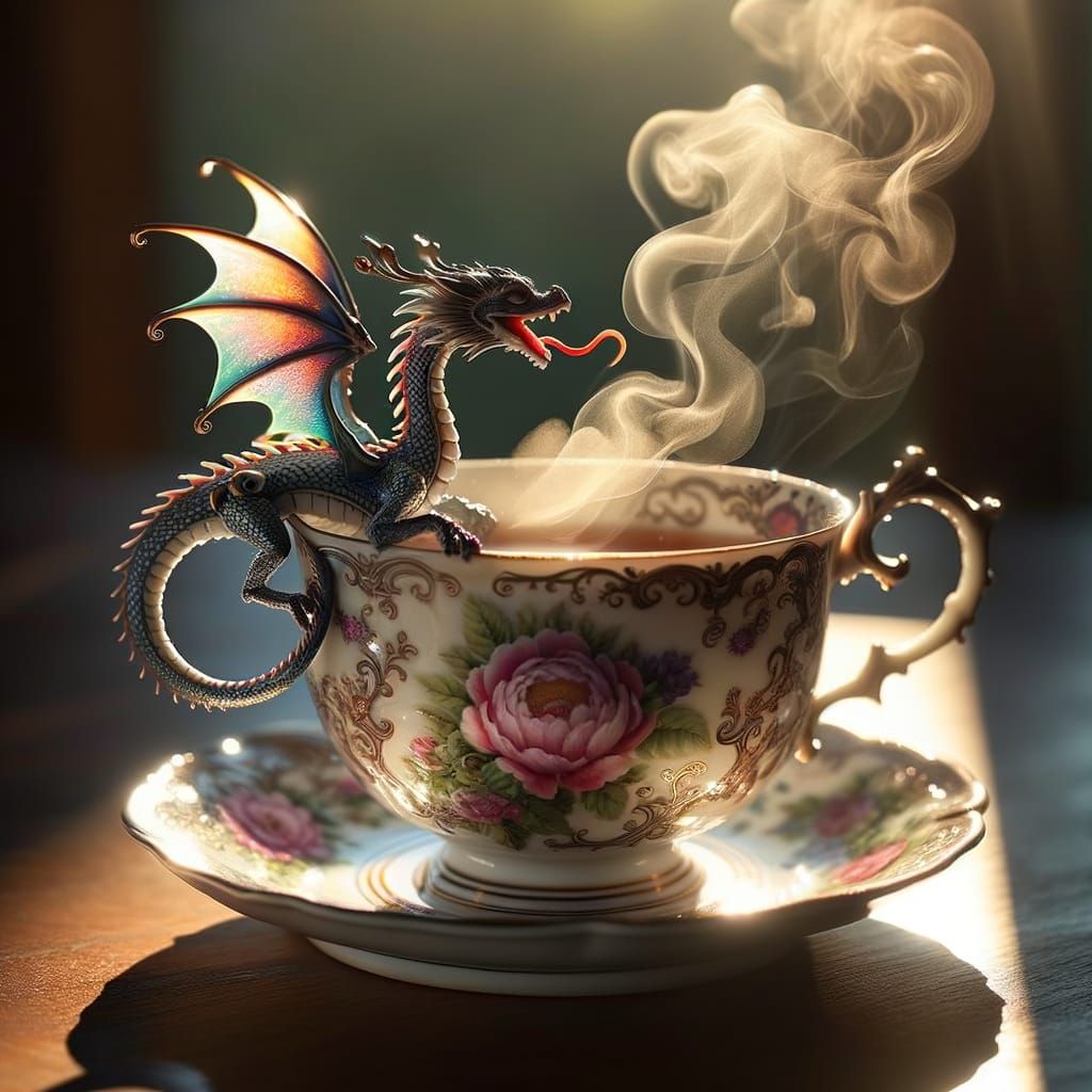 Ethereal Morning Teacup Scene with Dragon