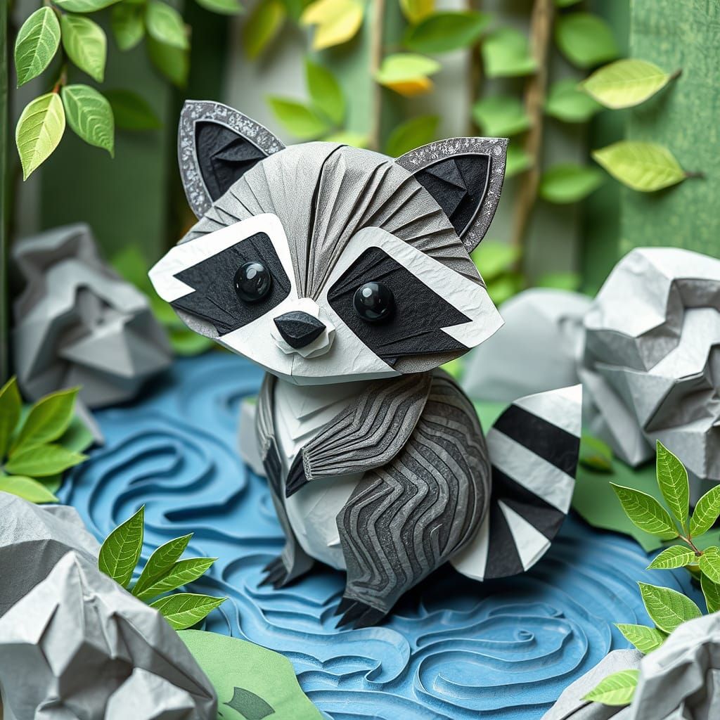 Paper Raccoon in Paper Forest: Collage and Origami