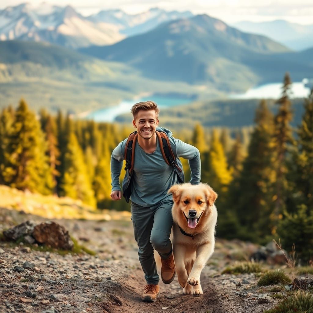 Young Man and Fluffy Golden Retriever Play in Mountain Lands...