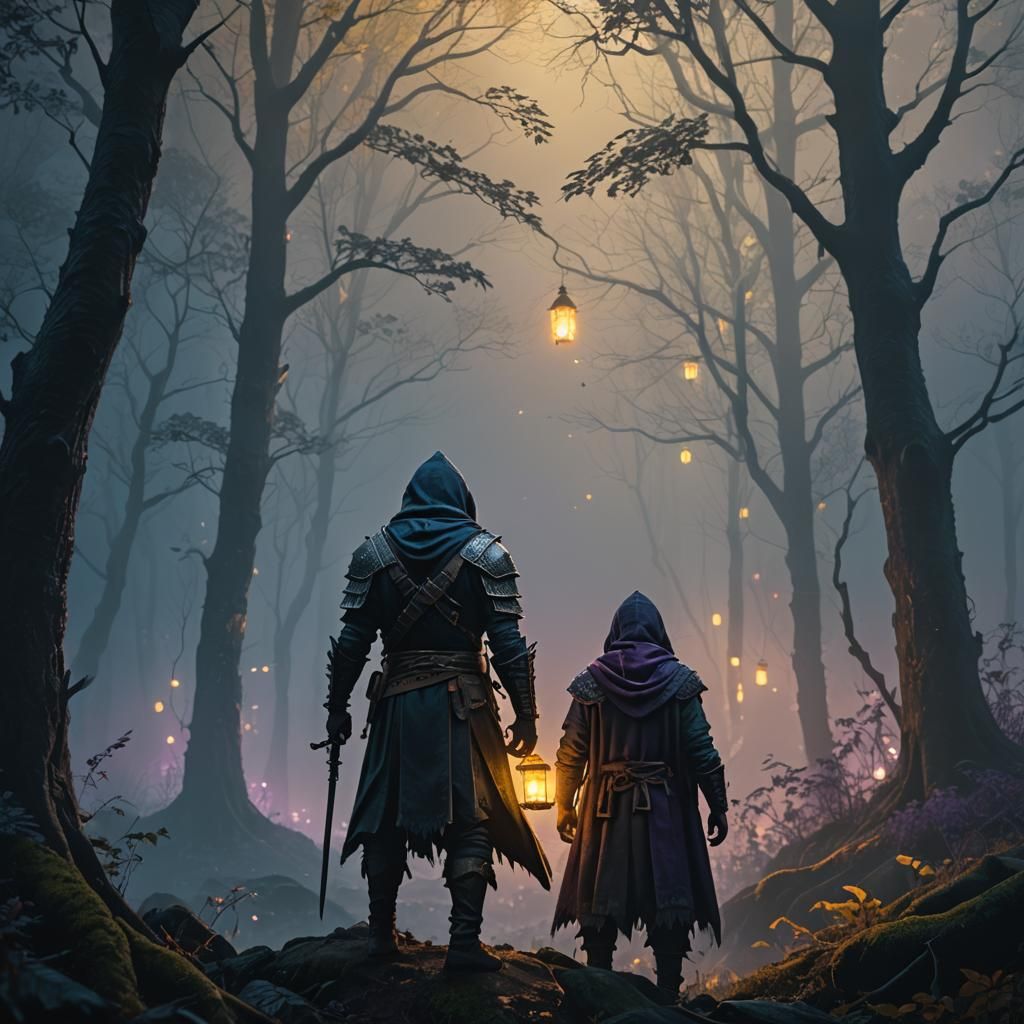 Hooded Warrior in Misty Forest: Dark Fantasy Art