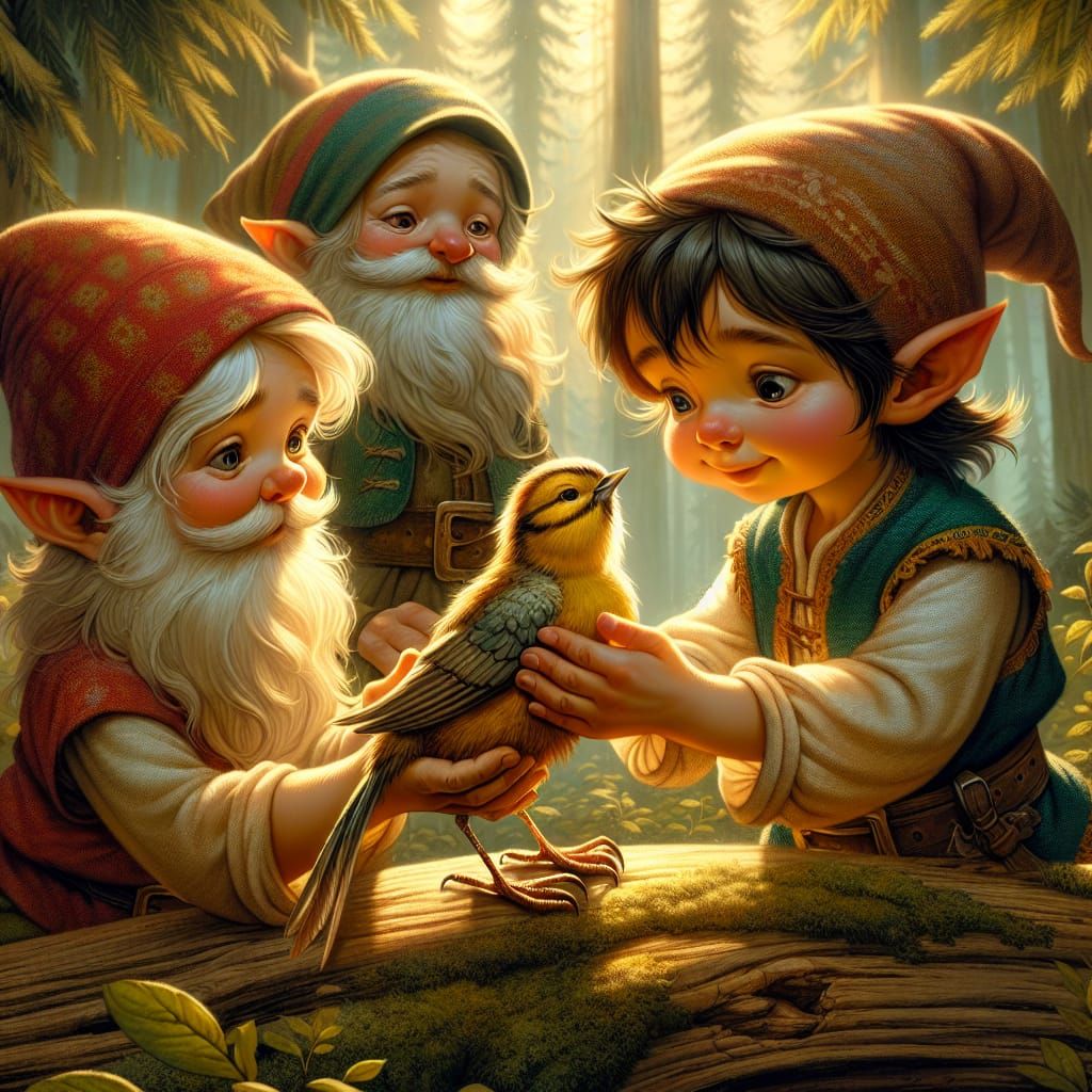 Gnomes Heal Bird: Heartwarming Storybook Illustration