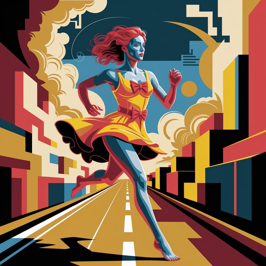 Woman Running on Golden Road in Cubist Style