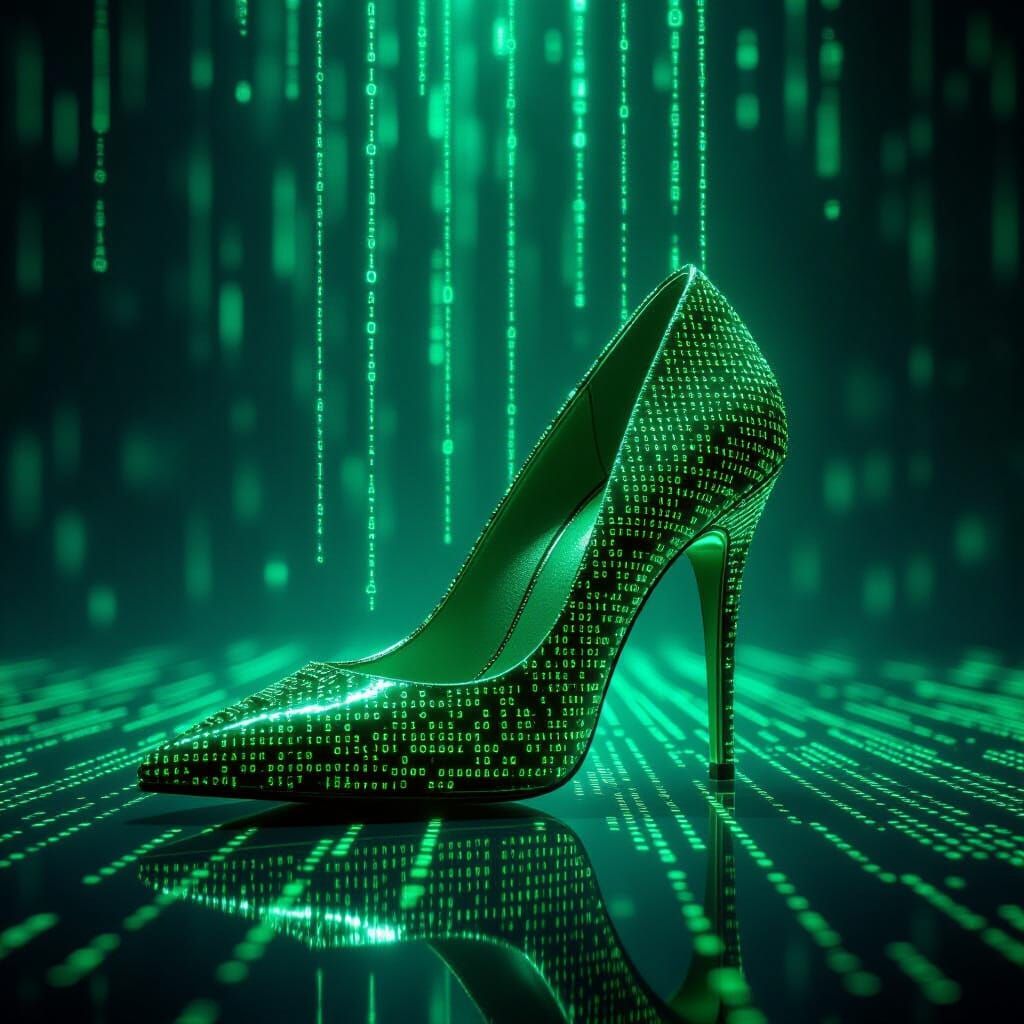 Elegant Green Code High Heel Shoe in Digital Void