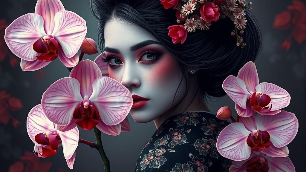 Create images with : Geisha + gothic + orchids