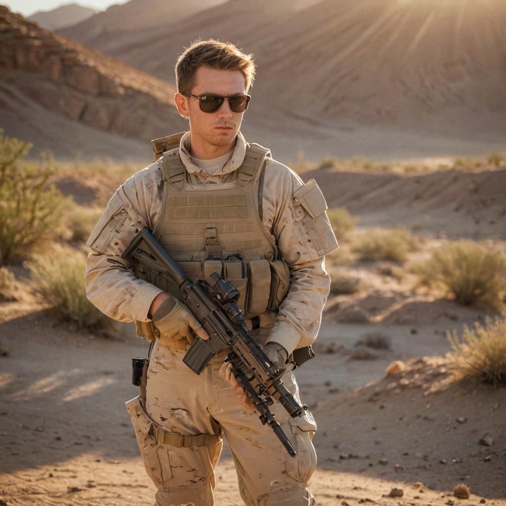 Military Operator in Desert Landscape at Golden Hour