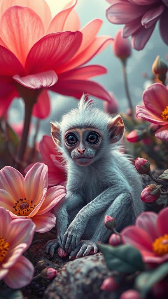 Shy Monkey Among Enchanting Flowers in Surreal Landscape
