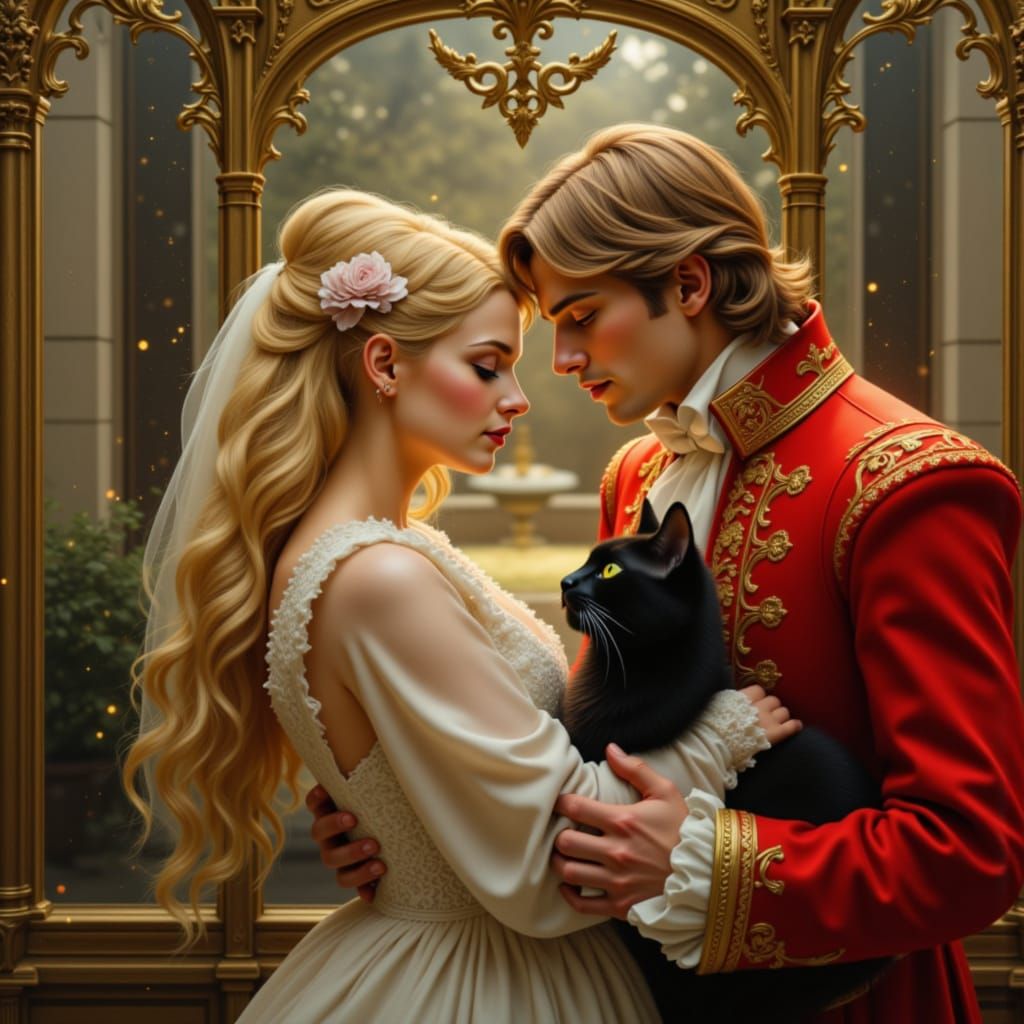 Blonde Maiden and Red Gentleman Hugging with Cats