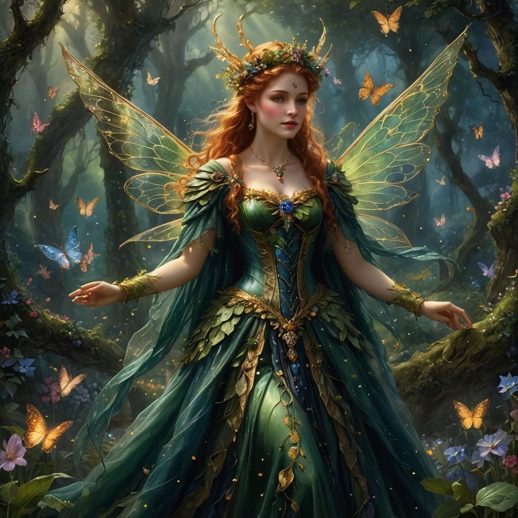Ethereal Fairy Queen Titania in a Dreamy Landscape