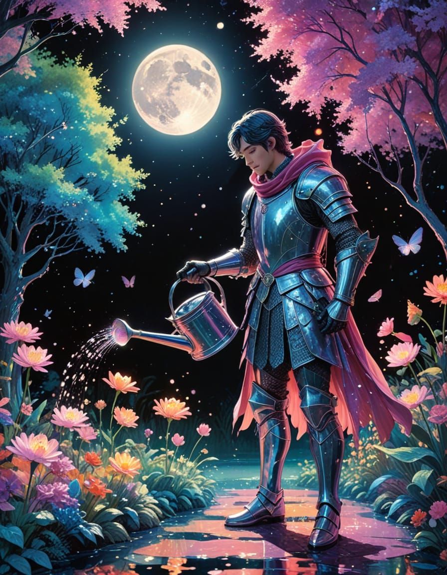 Noble Knight Tends Magical Garden in Dreamy, Moonlit Setting