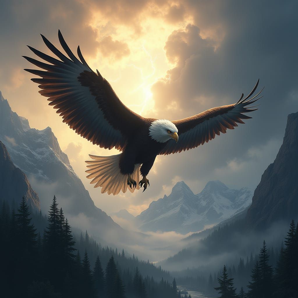 Eagle Soars Through Turbulent Storm Clouds in a Detailed, Hi...