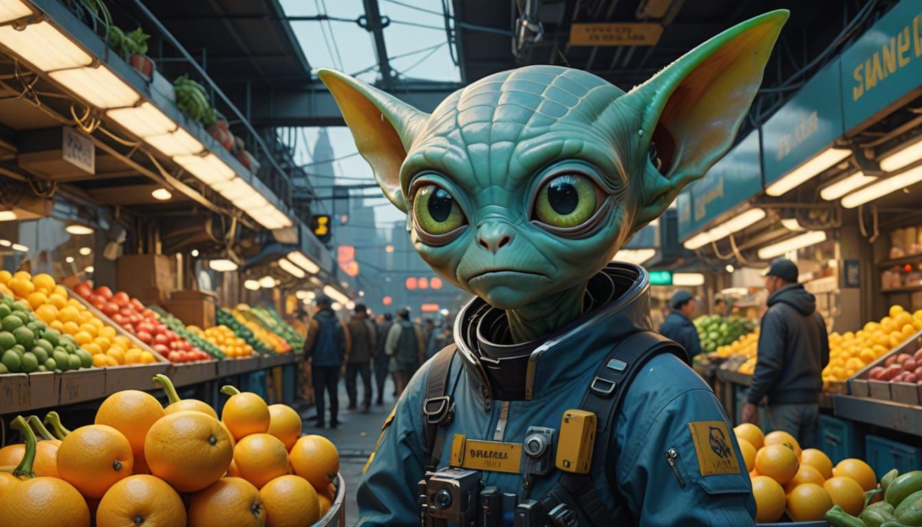 Alien Toddler in Crowded Sci-Fi Marketplace