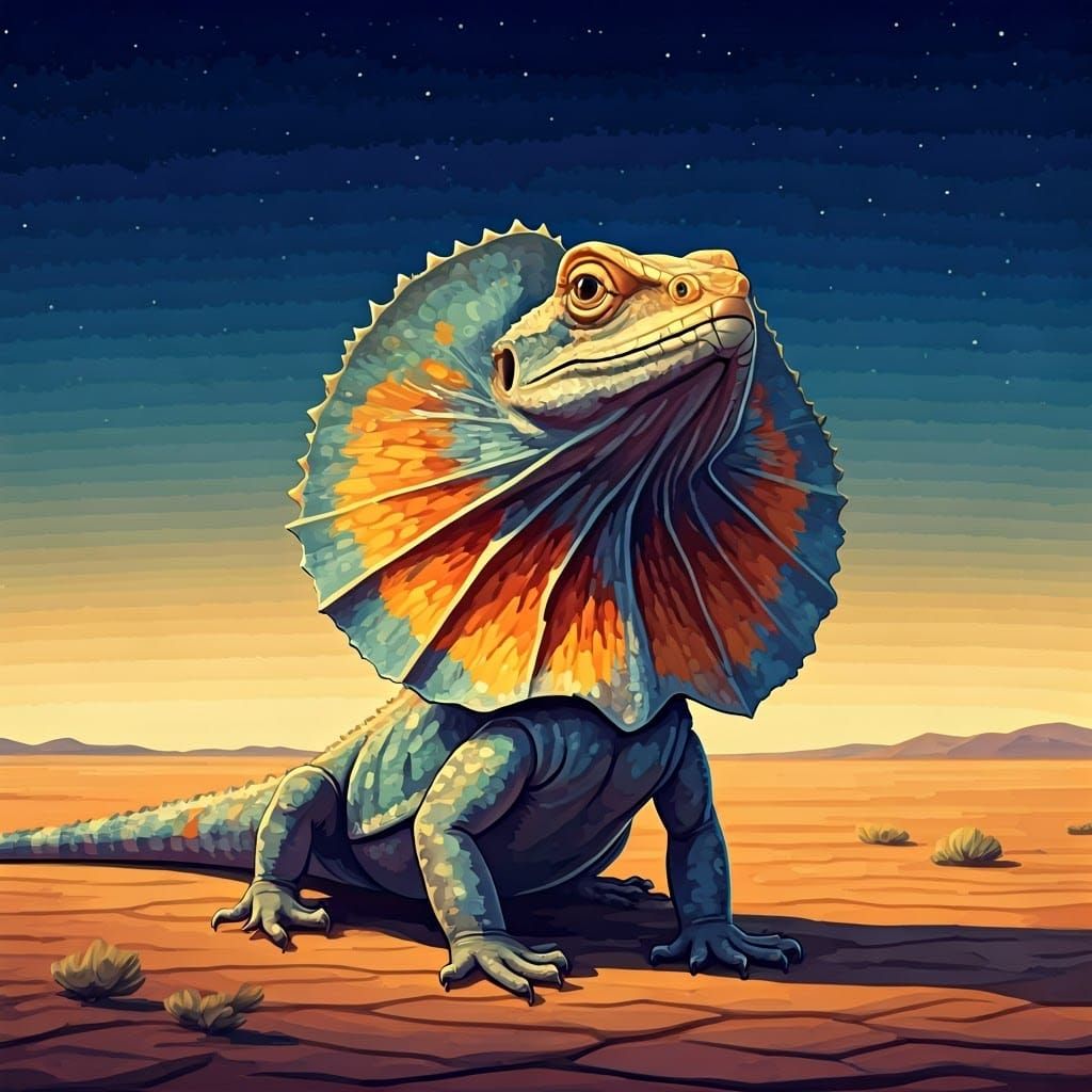 Frilled-Neck Lizard Under Starry Sky in Watercolor Style