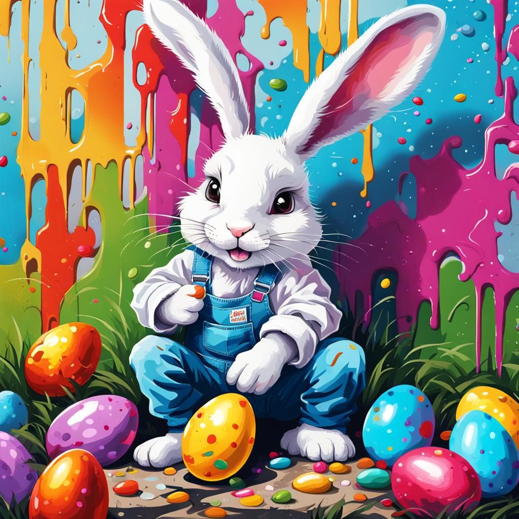 Rabbit Hiding Easter Eggs as Graffiti Art