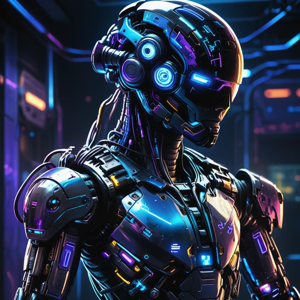 Cyberpunk Exosuit in Dark Neon Laboratory