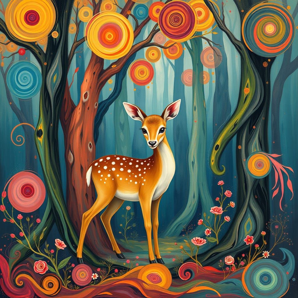 Fawn in Whimsical Forest: Abstract Expressionism