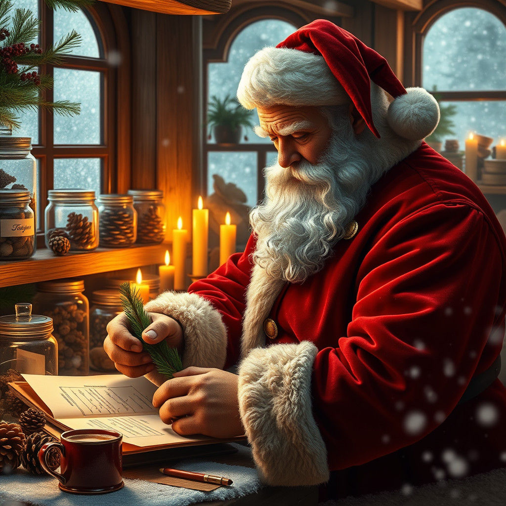 Santa Claus Crafts a Herbarium in Cozy Workshop