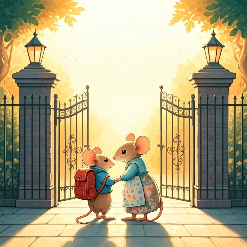 Mouse Family at School Gates: Storybook Illustration