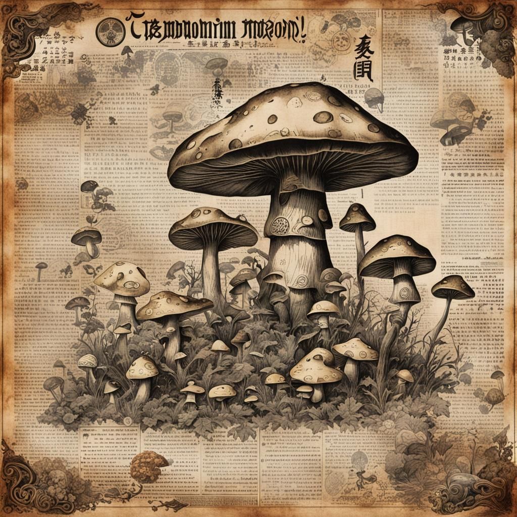Vintage newspaper page, steampunk, illustrations, text, mushrooms