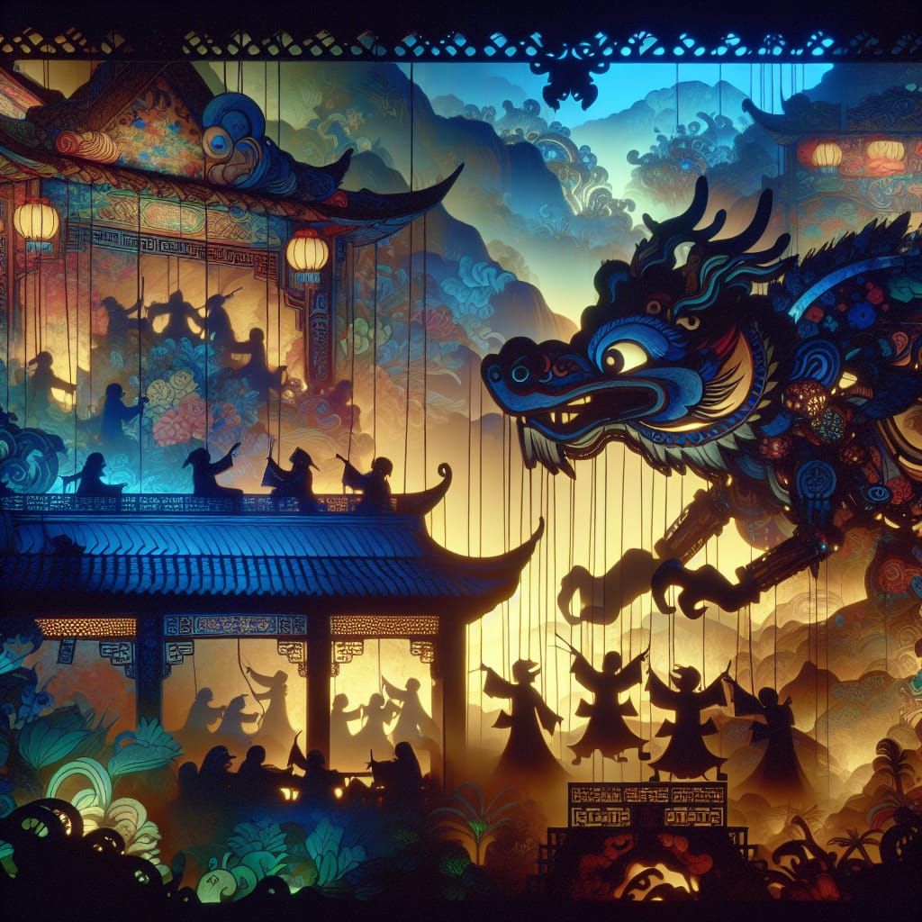 Chinese Shadow Puppetry Fantasy Scene in Vibrant Matte Paint...