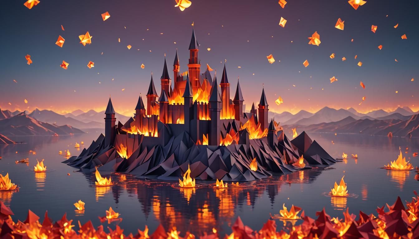 Fantasy Origami Castle on Fire Lake at Dawn