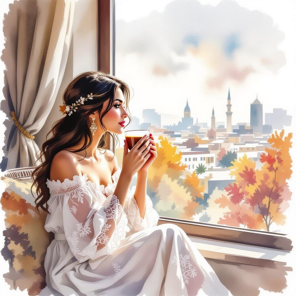 Egyptian Girl Enjoys Coffee in Autumn Urban Landscape
