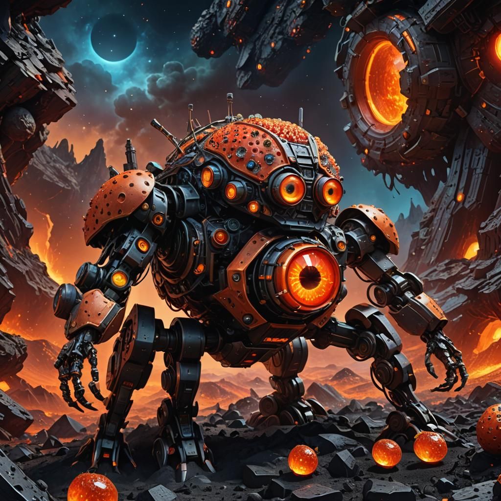 Sci-Fi Strawberry Robot Mining Lava Crystals