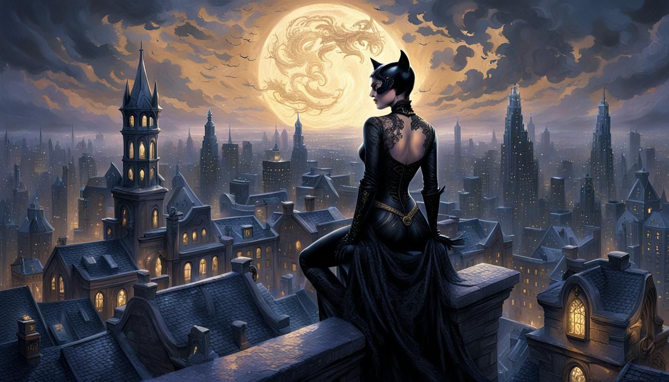 Catwoman in Monochromatic Baroque Illustration, 16k