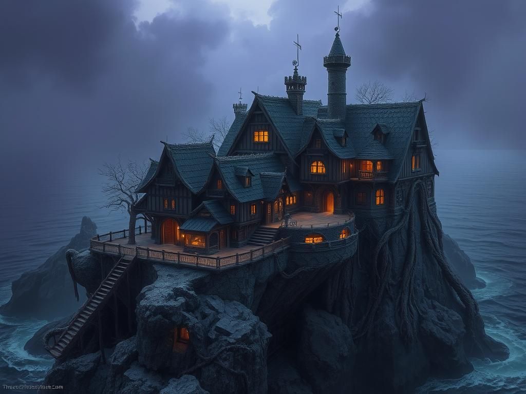 Mystical Coastal Village: Dark Fantasy Concept Art