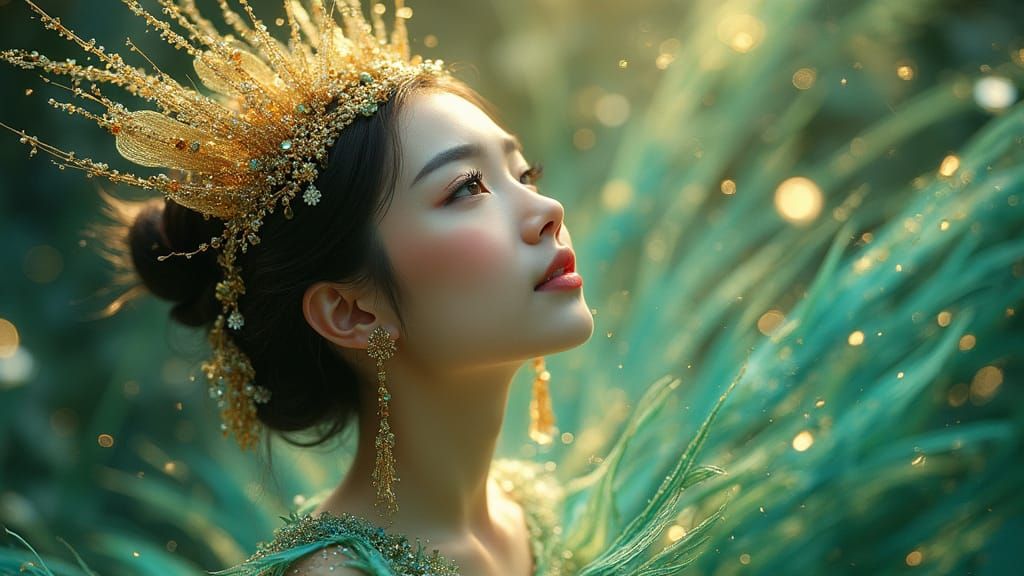 Asian Dai Peacock Fairy Princess Ascends Amidst Celestial Fl...