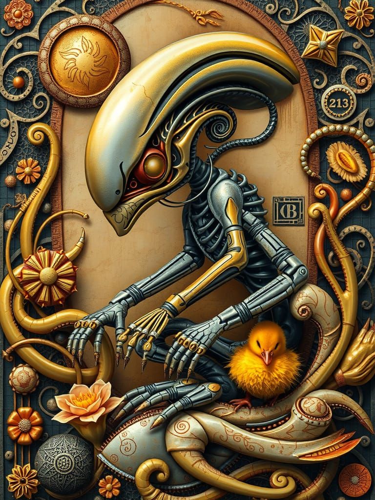 Xenomorph and Duckling in Biomechanical Kintsugi Style
