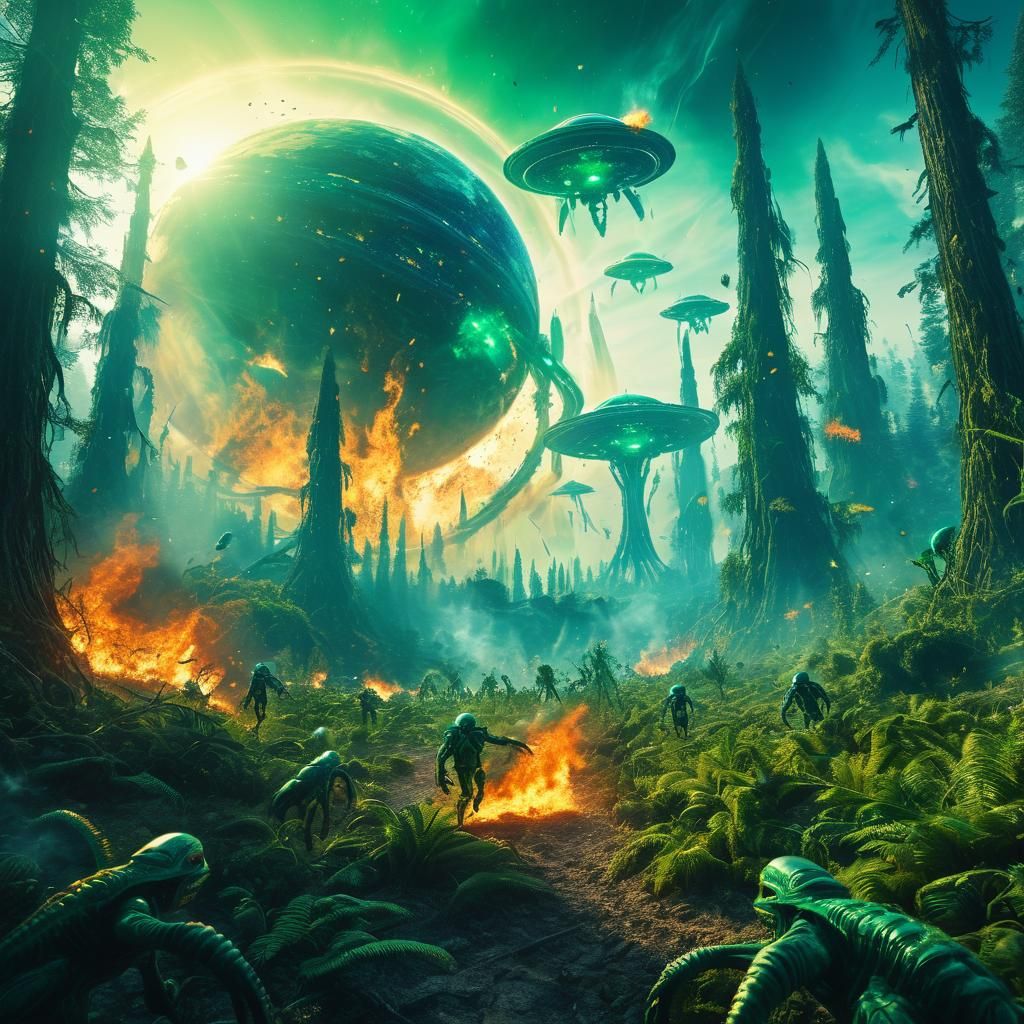 Aliens Fleeing Burning Planet in Matte Painting