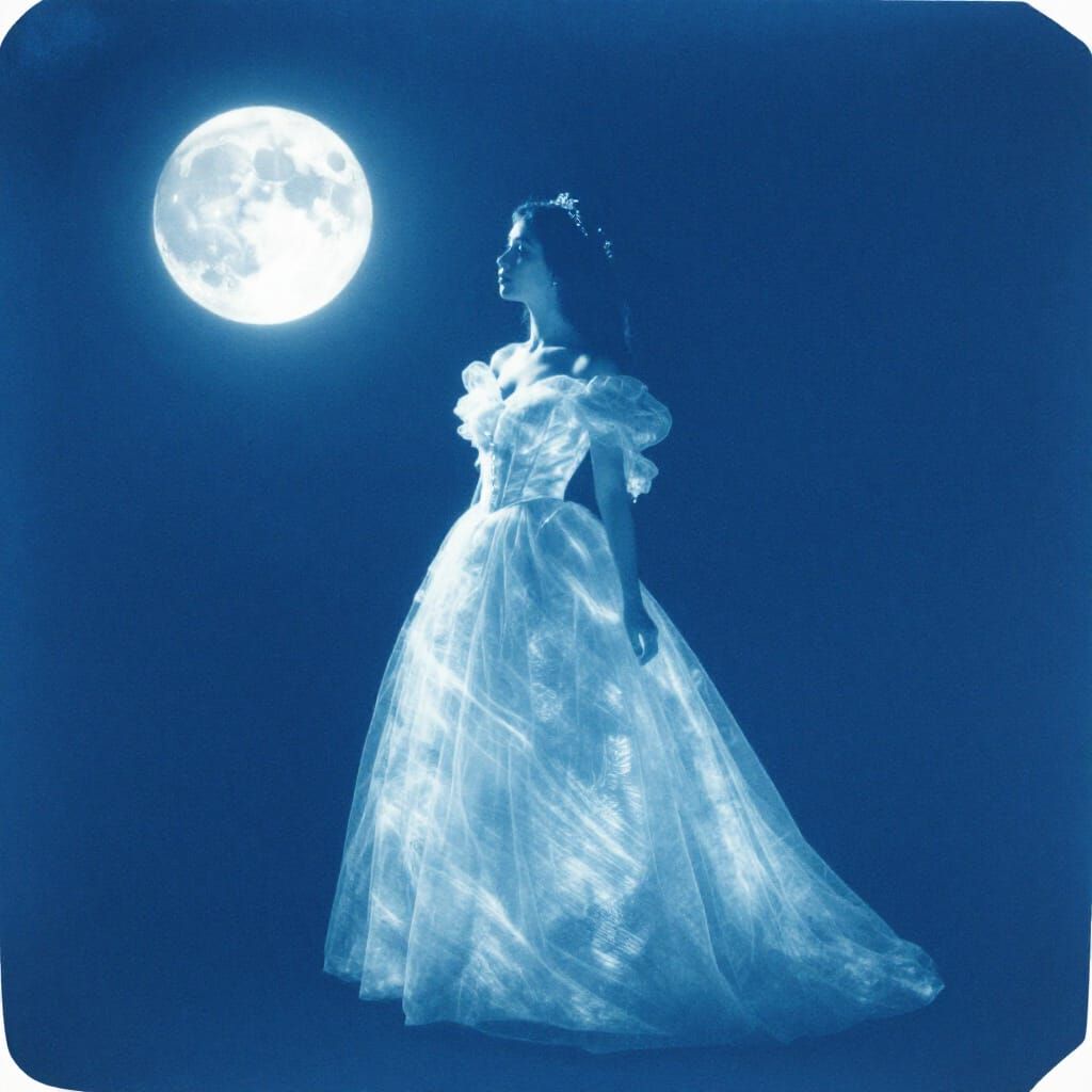 Ethereal Princess Under Moonlight in Cyanotype Style