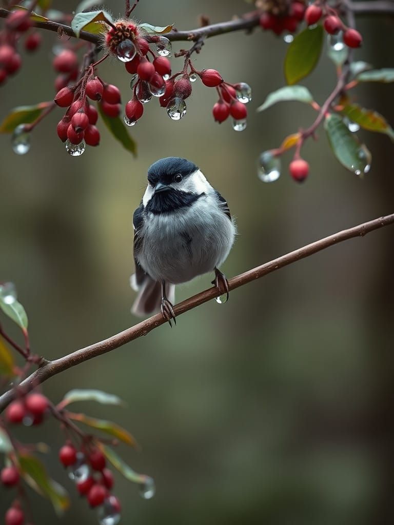 Navy Blue Chickadee Perched on Sumac Tree in Serene Forest